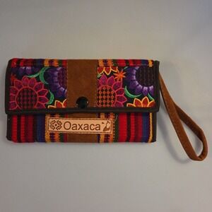 Oaxaca Mexico Wallet / Purse Wool Leather Handmade‎  4"x 7" Artesania Zapotec